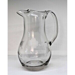 Vintage Clear Crystal Pitcher/Vase Etched Flower 9.5" Holds 48oz.